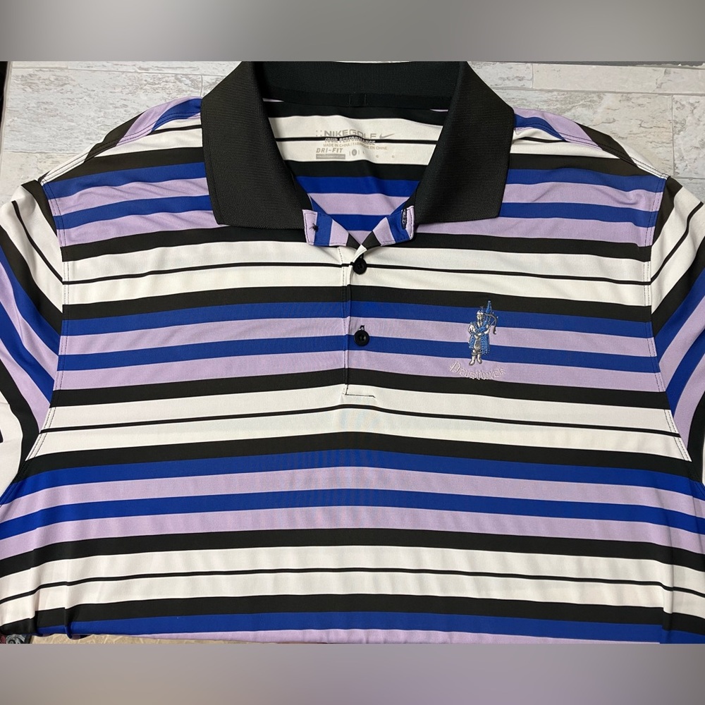 NIKE GOLF DRI-FIT Striped Polo Shirt men’s Large Prestwick Country Club Logo